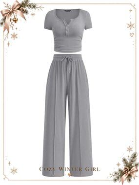Ribbed Knit Two Piece Set Crop Top Wide Leg Pants Drawstring